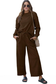 Outfit Sets Chestnut / S Double Take Full Size Textured Long Sleeve Top and Drawstring Pants Set