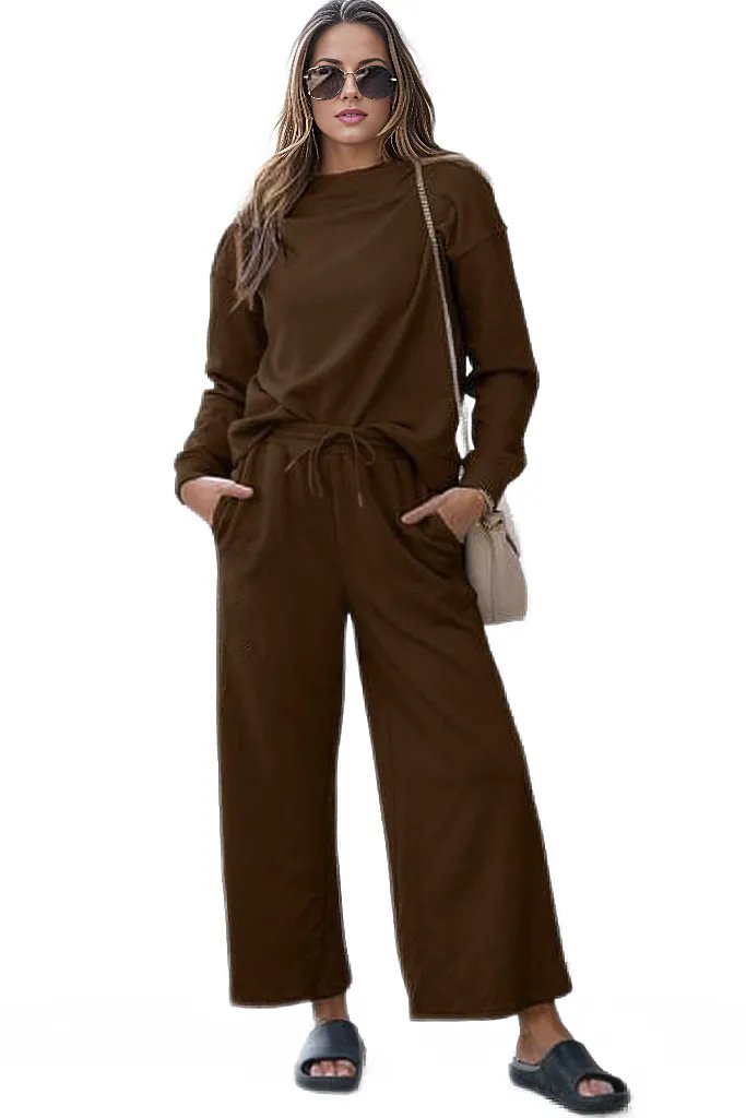 Outfit Sets Chestnut / S Double Take Full Size Textured Long Sleeve Top and Drawstring Pants Set