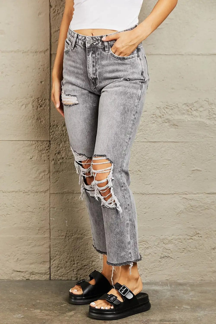 Acid Wash Distressed Cropped Straight Jeans
