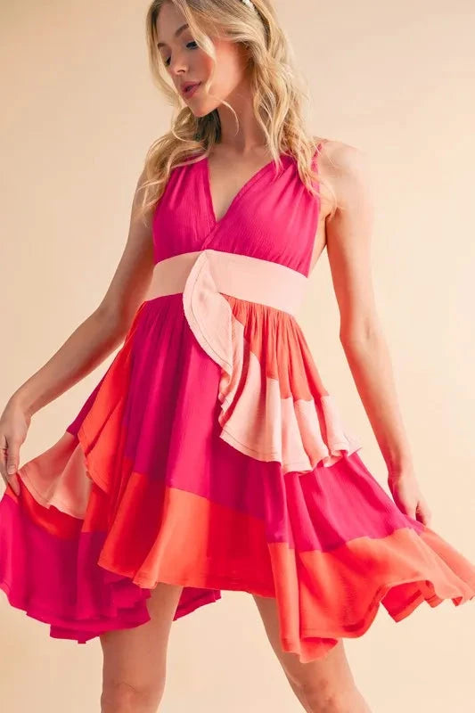Trendsi PINK COMBO / S Aemi+Co Ruffled Color Block Sleeveless Mini Dress
