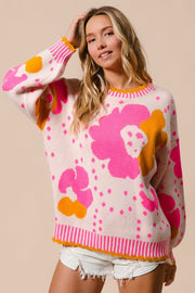 Trendsi Pink Combo / S BiBi Flower Pattern Contrast Sweater