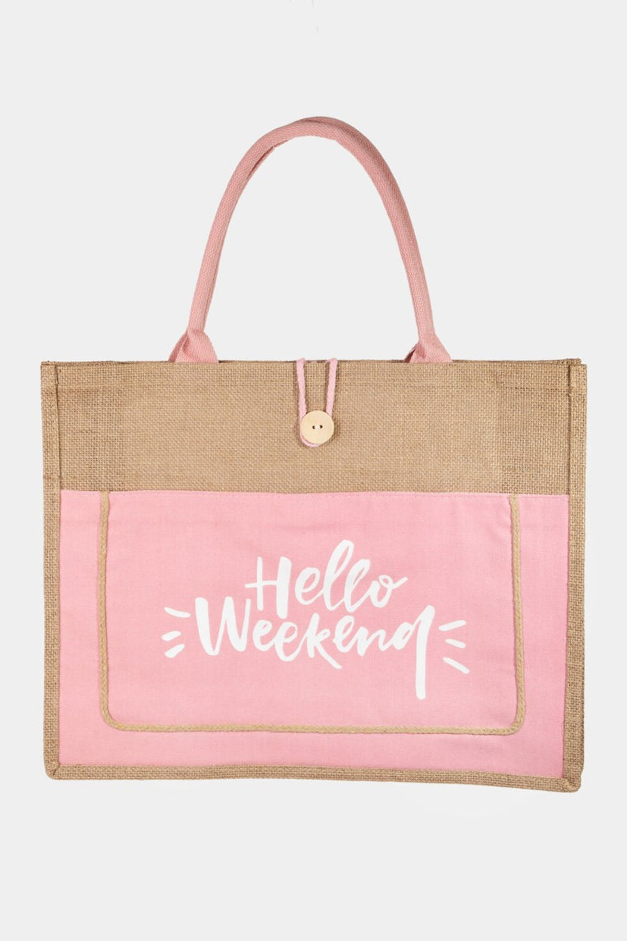 Trendsi Pink / One Size Fame Hello Weekend Burlap Tote Bag