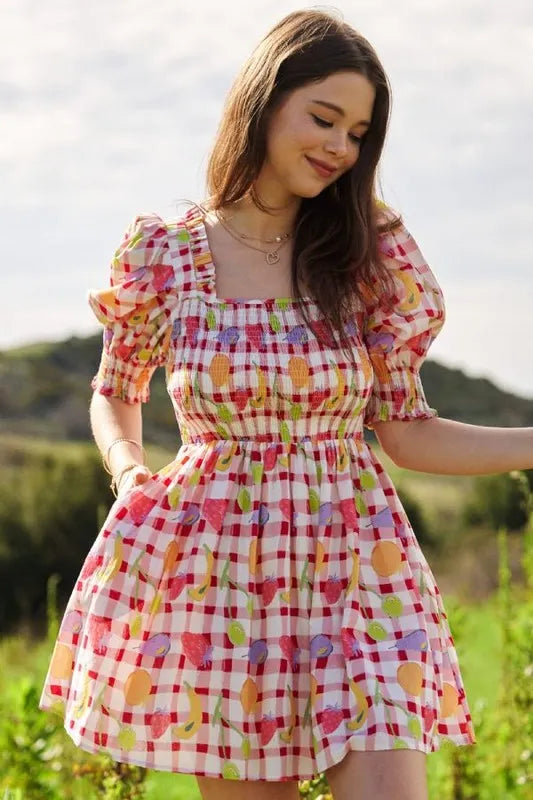 Trendsi Pink / XL Davi & Dani Fruits Printed Smocking Mini Dress