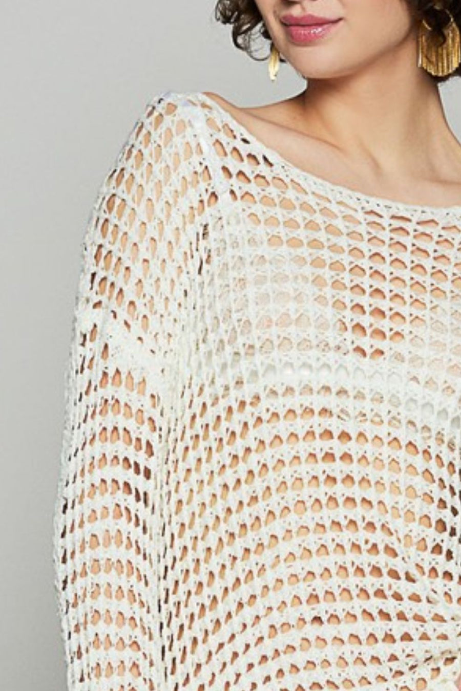 Trendsi POL Side Slit Openwork Long Sleeve Knit Cover Up