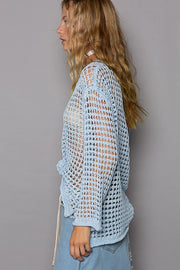 Trendsi POL Side Slit Openwork Long Sleeve Knit Cover Up