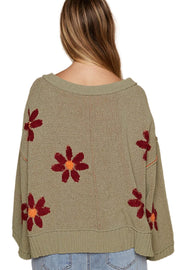 POL V-Neck Floral Pattern Chenille Sweater