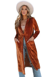 Trendsi Pre-Order Collared Neck Longline Velvet Cardigan with Pockets