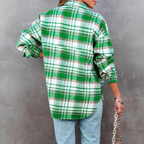 Pre-Order Plaid High-Low Collared Neck Jacket with Pockets