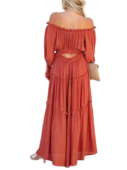 PRE-ORDER Ruffle Trim Off Shoulder Long Sleeve Maxi Dress