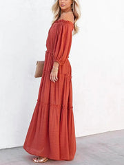 PRE-ORDER Ruffle Trim Off Shoulder Long Sleeve Maxi Dress