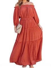 PRE-ORDER Ruffle Trim Off Shoulder Long Sleeve Maxi Dress