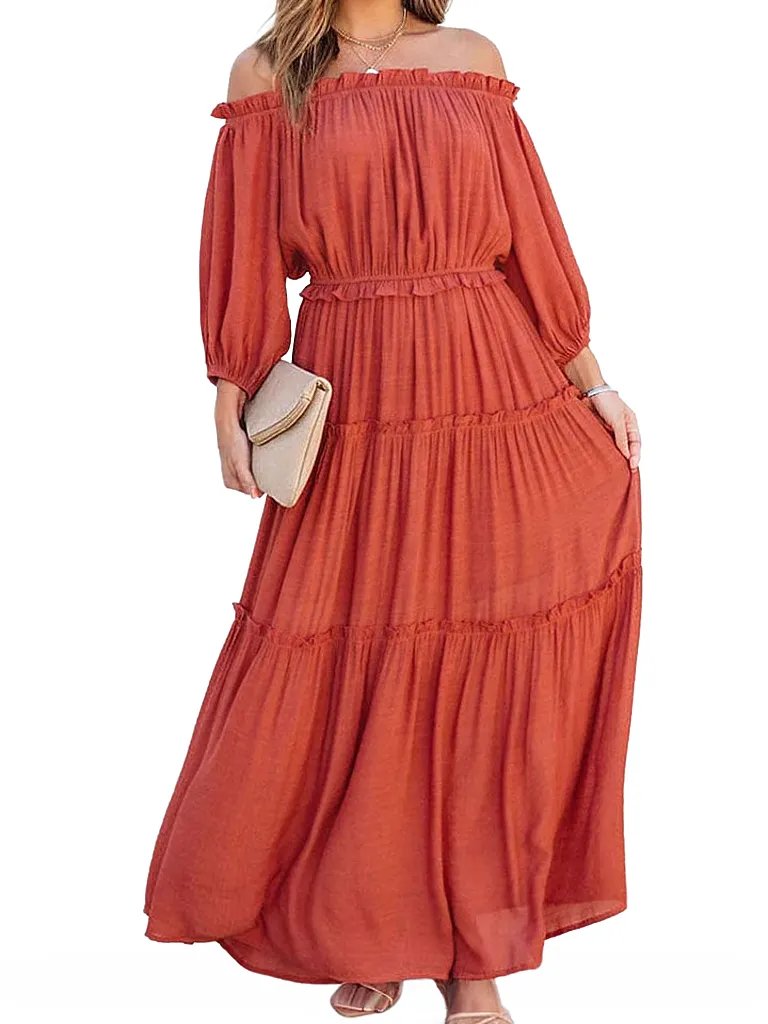 PRE-ORDER Ruffle Trim Off Shoulder Long Sleeve Maxi Dress