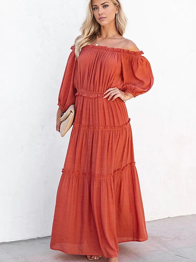 PRE-ORDER Ruffle Trim Off Shoulder Long Sleeve Maxi Dress