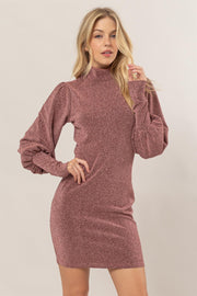 Trendsi Rose / S HYFVE Glitter Mock Neck Long Sleeve Mini Dress