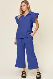 Trendsi Outfit Sets Royal Blue / S Double Take Texture Ruffle Short Sleeve Top and Drawstring Wide Leg Pants Set