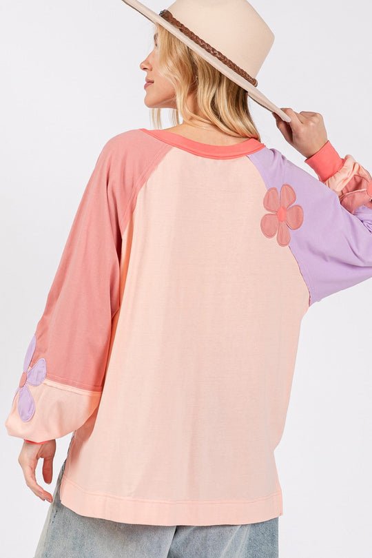 Trendsi SAGE + FIG Full Size Daisy Applique Patch Color Block Long Sleeve Top