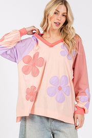 Trendsi SAGE + FIG Full Size Daisy Applique Patch Color Block Long Sleeve Top