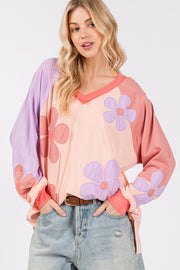 Trendsi SAGE + FIG Full Size Daisy Applique Patch Color Block Long Sleeve Top