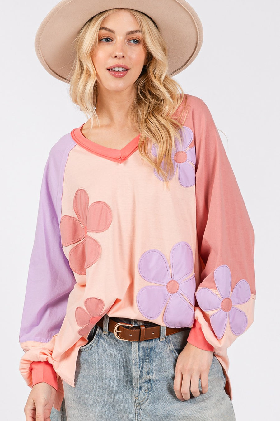 Trendsi SAGE + FIG Full Size Daisy Applique Patch Color Block Long Sleeve Top