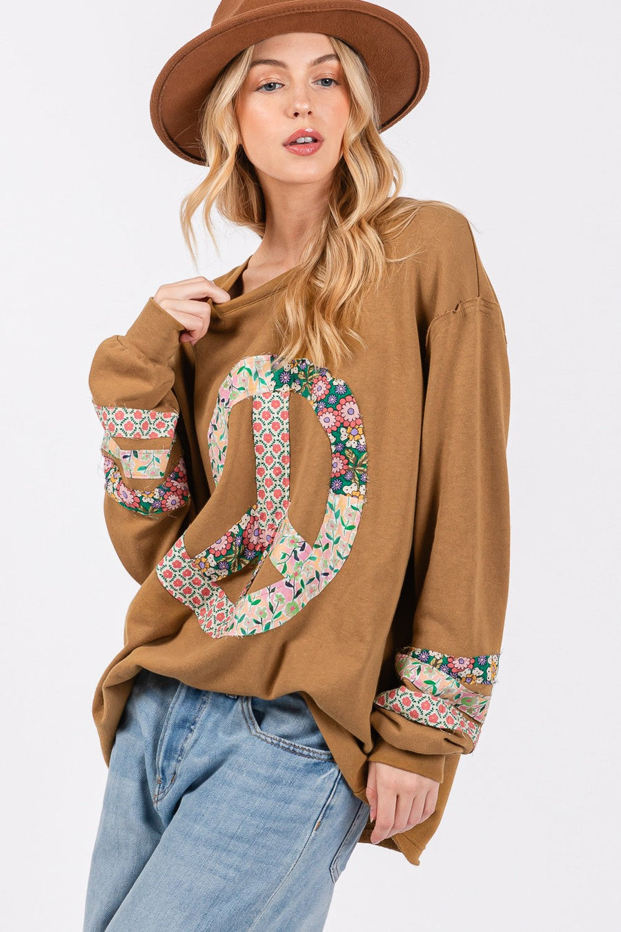 Trendsi SAGE + FIG Peace Applique Patch Long Sleeve Top