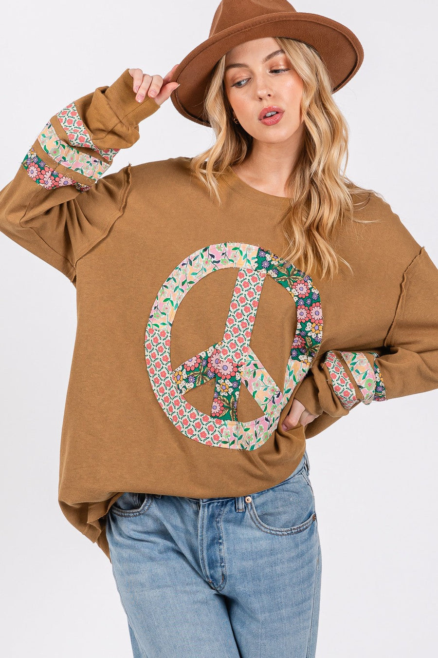 Trendsi SAGE + FIG Peace Applique Patch Long Sleeve Top