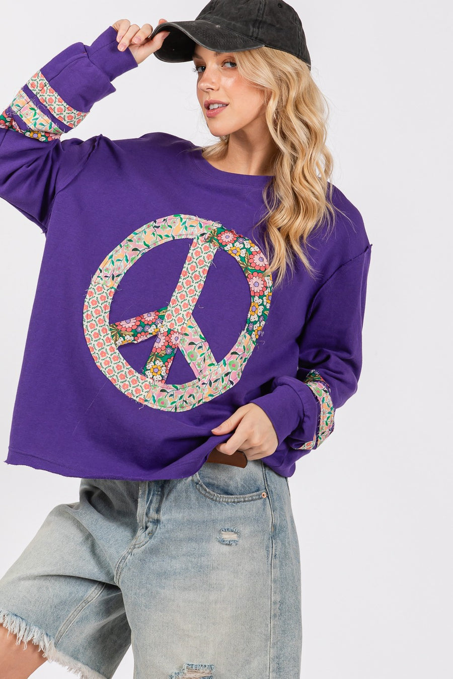 Trendsi SAGE+FIG Peace Applique Patch Long Sleeve Top