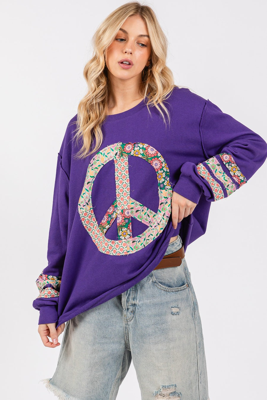 Trendsi SAGE+FIG Peace Applique Patch Long Sleeve Top