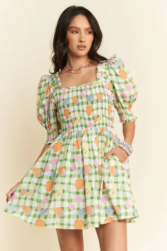 Trendsi Sage / S Davi & Dani Fruits Printed Smocking Mini Dress