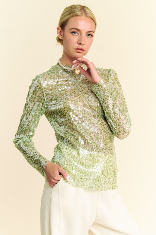 Trendsi Sage / S Davi & Dani Sequin Mock Neck Long Sleeve Mesh Top