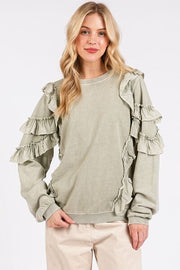 Trendsi Sage / S Mittoshop Ruffled Mineral Washed Round Neck Long Sleeve Sweatshirt