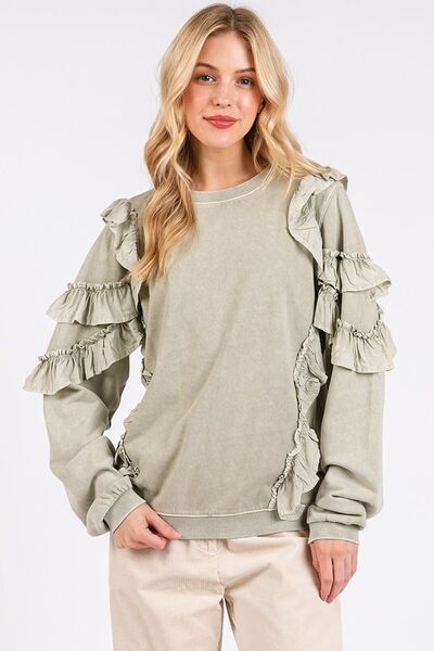 Trendsi Sage / S Mittoshop Ruffled Mineral Washed Round Neck Long Sleeve Sweatshirt