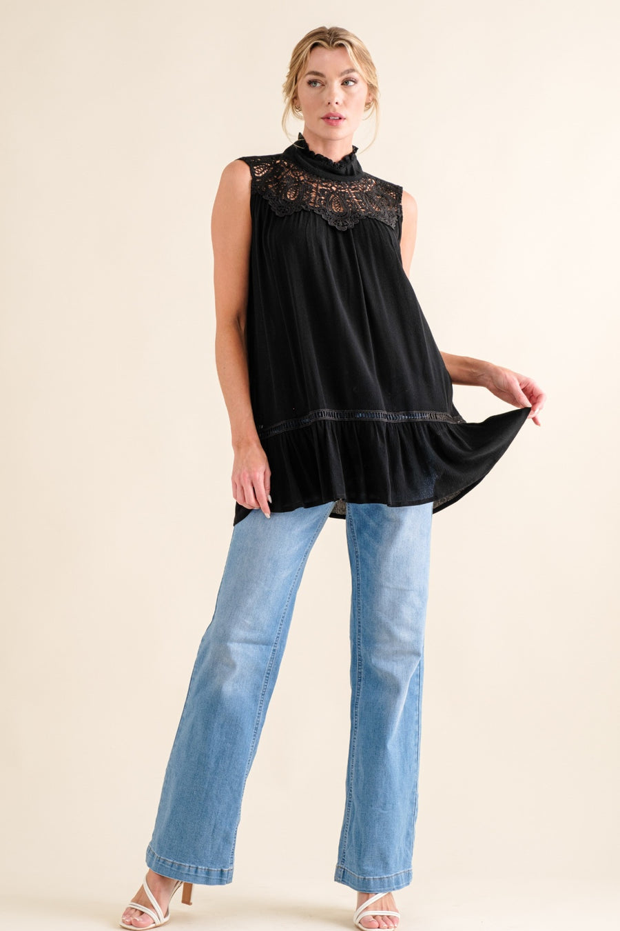 Trendsi Shirts And The Why Lace Detail Sleeveless Ruffled Top