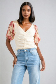 And The Why Floral Print Textured Sleeve Knit Top