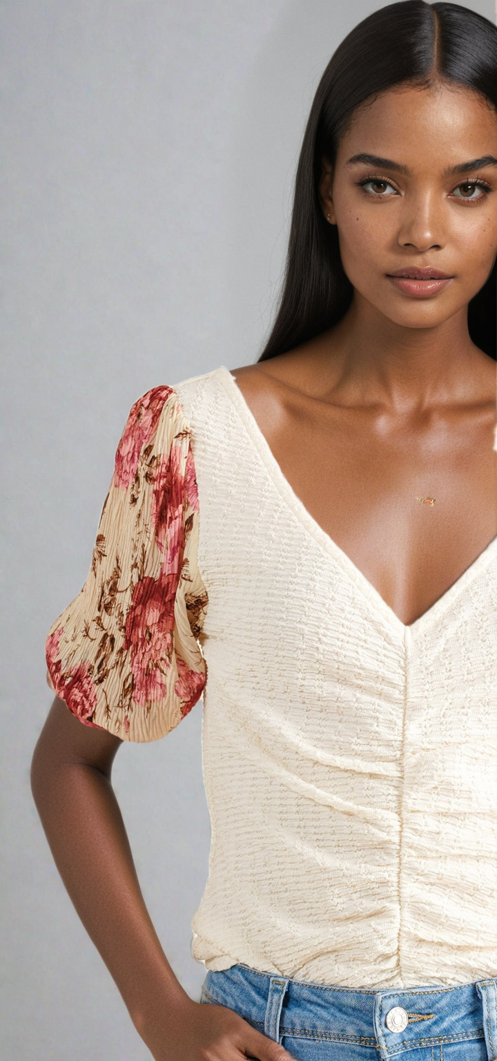 And The Why Floral Print Textured Sleeve Knit Top