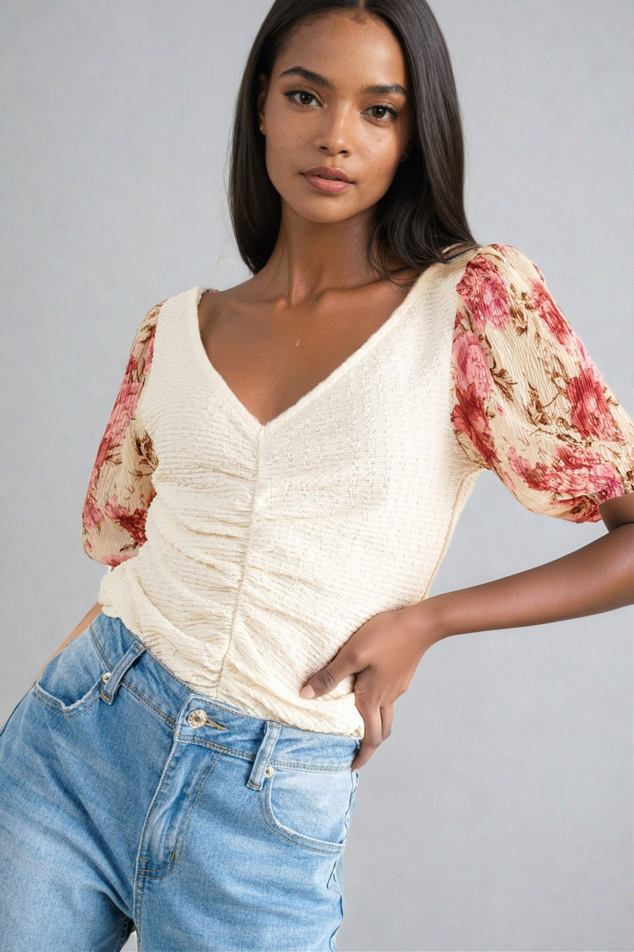 And The Why Floral Print Textured Sleeve Knit Top