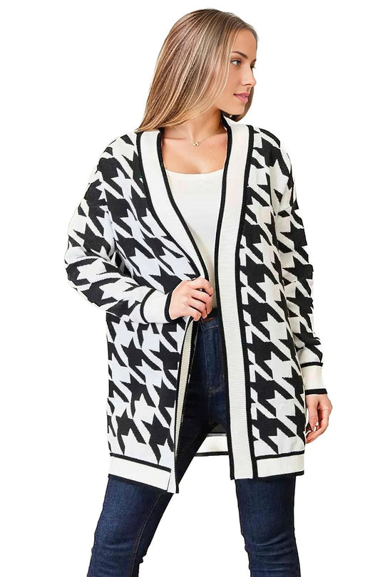 Woven Right Houndstooth Open Front Longline Cardigan