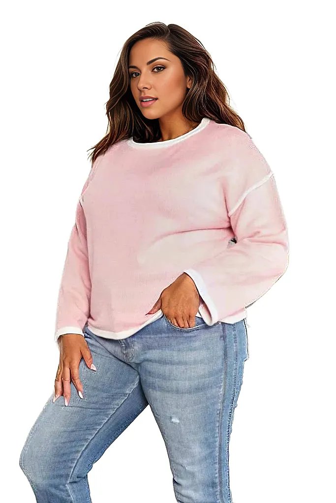 Trendsi Shirts & Tops Blush Pink / S Double Take Contrast Detail Dropped Shoulder Knit Top