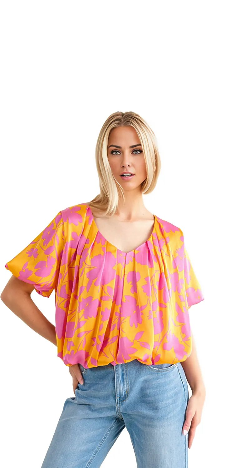 And The Why Printed Satin Bubble Hem Top