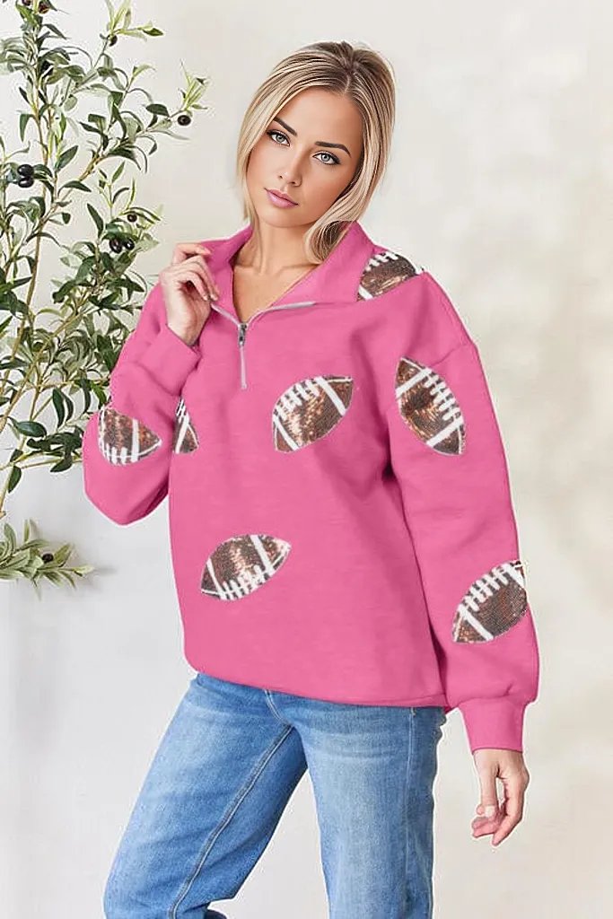 Shirts & Tops Deep Rose / S Double Take Full Size Sequin Football Half Zip Long Sleeve Sweatshirt