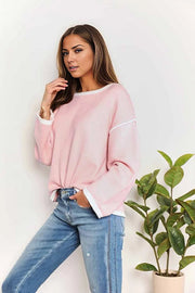 Double Take Contrast Detail Dropped Shoulder Knit Top