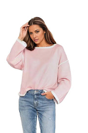 Double Take Contrast Detail Dropped Shoulder Knit Top