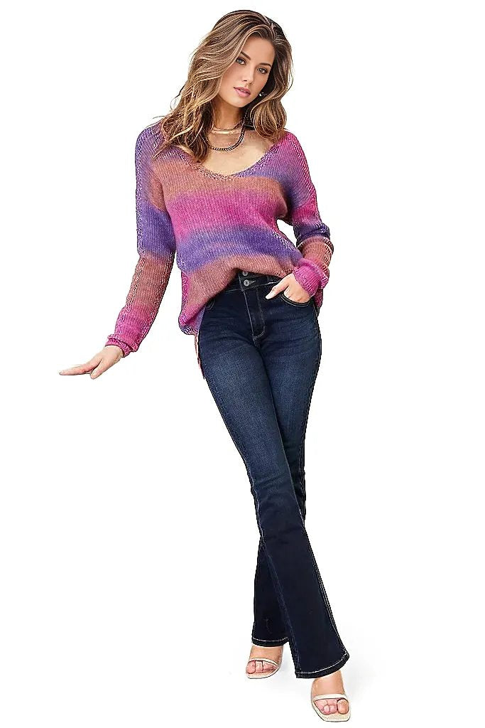 Double Take Multicolored Rib-Knit V-Neck Knit Pullover