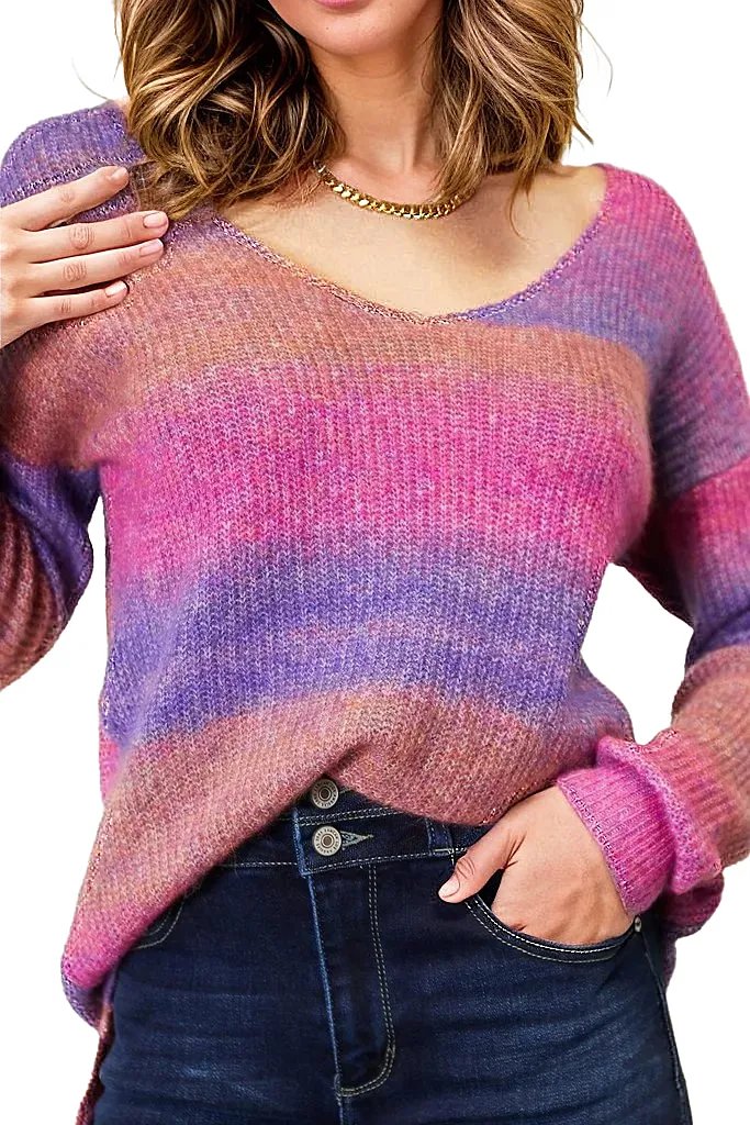 Double Take Multicolored Rib-Knit V-Neck Knit Pullover