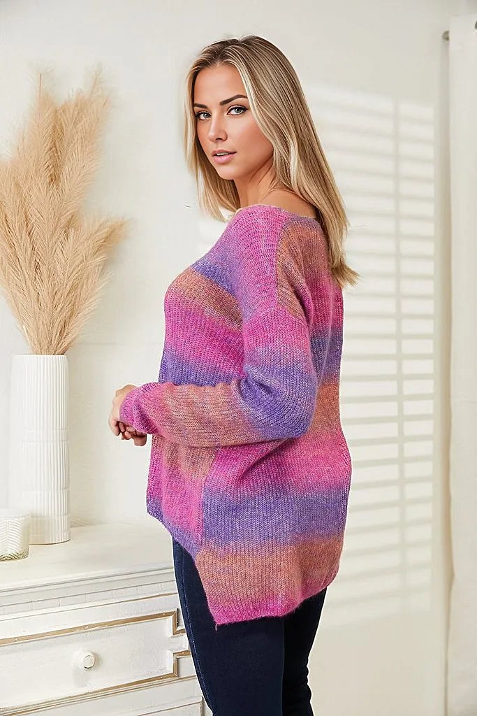 Double Take Multicolored Rib-Knit V-Neck Knit Pullover