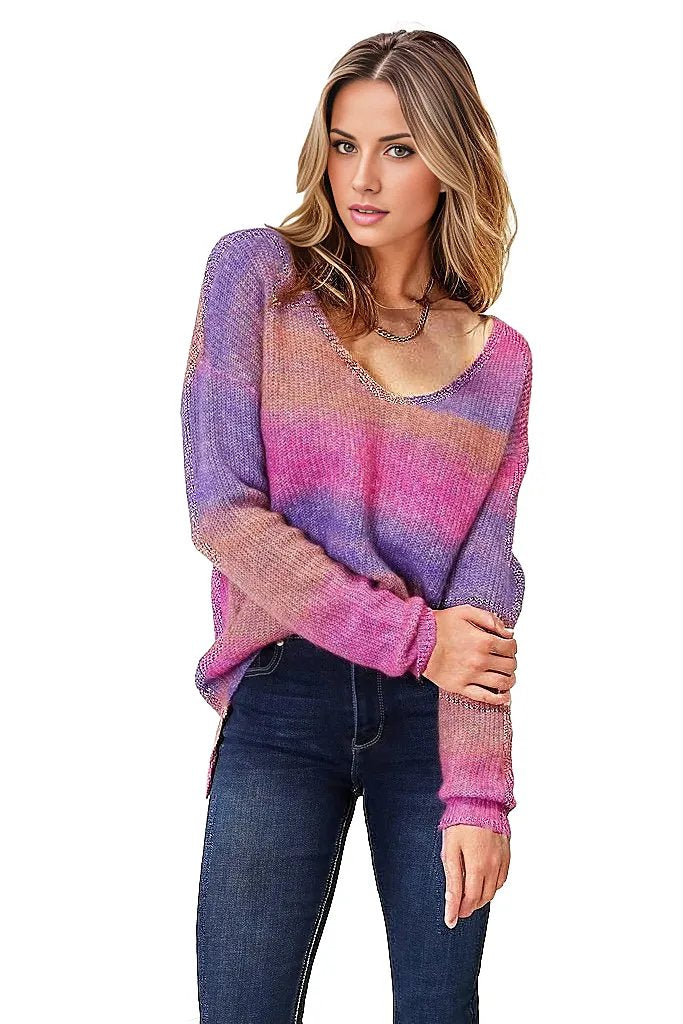 Double Take Multicolored Rib-Knit V-Neck Knit Pullover