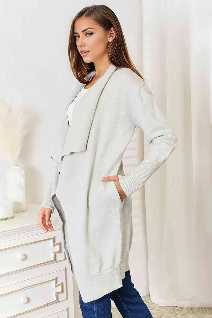 Double Take Open Front Duster Cardigan with Pockets