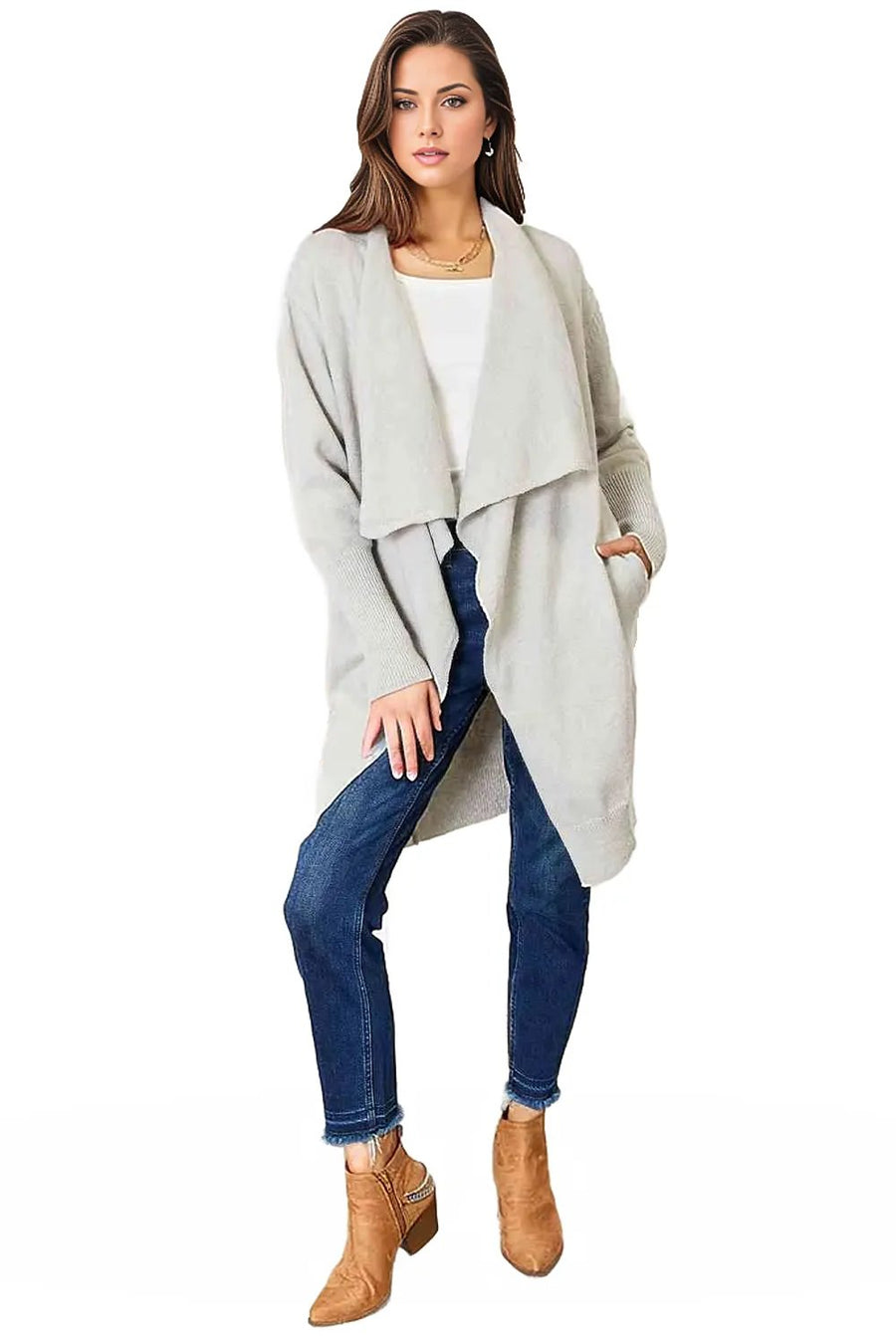 Double Take Open Front Duster Cardigan with Pockets