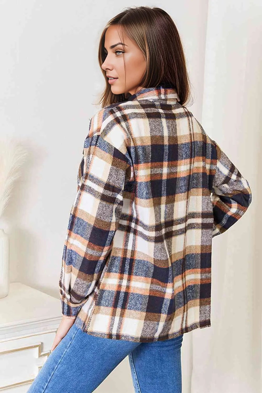 Double Take Plaid Button Front Shirt Jacket with Breast Pockets