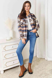 Double Take Plaid Button Front Shirt Jacket with Breast Pockets