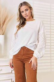 Trendsi Shirts & Tops Eyelet Dropped Shoulder Round Neck Blouse